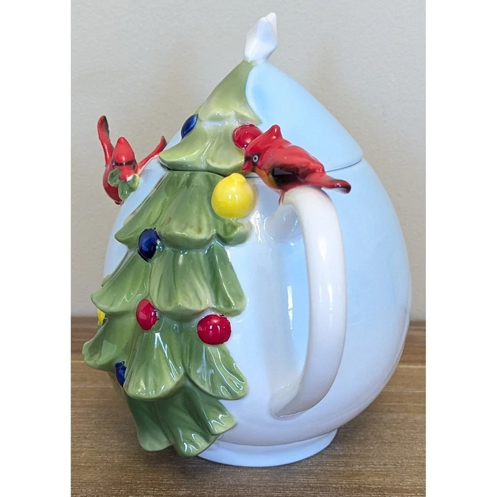 Pier 1 Imports Christmas Tree Teapot Porcelain Cardinal Hand Painted w/Box